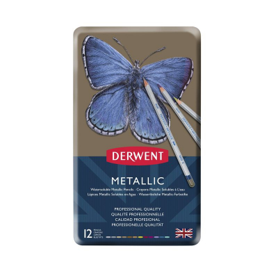 Карандаши металлик Derwent Metallic 12цв водорастворимый грифель в металлической коробке
