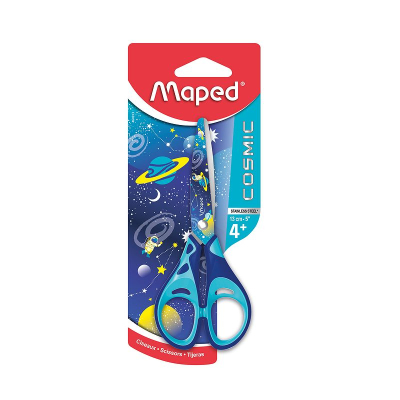 Ножницы детские 13см Maped Cosmic Kids с резиновыми вставками и рисунком на лезвиях в блистере 2 дизайна