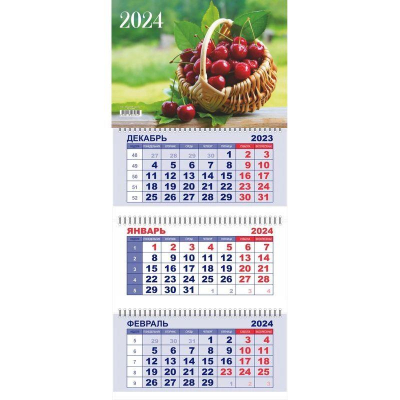 Календарь настенный 2024 квартальный 3-блочный 29х65см Lamark 'Вишневая корзина' на гребне