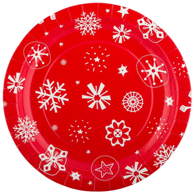 Тарелка бумажная Boomzee d-23см  6шт Снежинки на красном фоне
