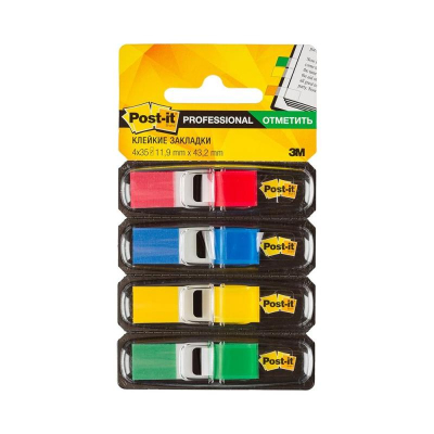 Закладки 3M Post-it®  12х43мм  4цв х35шт Z-тип 683-4 красные/желтые/зеленые/синие в диспенсере