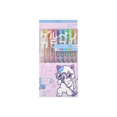 Ручки гелевые BrunoVisconti®  8цв 1.0мм UniWrite Glitter 'Kawaii animals' с блестками в пластиковой упаковке