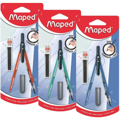 Циркуль металлический Maped 'Duo' 2 в 1 +грифели 0.5мм 2B в блистере 3 цвета ассорти