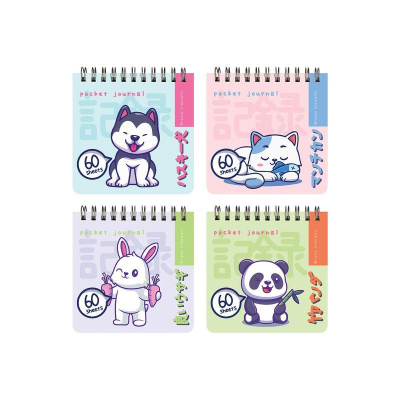 Блокнот  90х90мм  60л в линейка на гребне BrunoVisconti® Pocket Journal пластиковая обложка 'Kawaii animals' 4 дизайна
