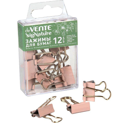 Зажимы для бумаг 19мм 12шт deVENTE 'sigNATURE' Пудрово-розовые в пластиковой коробке