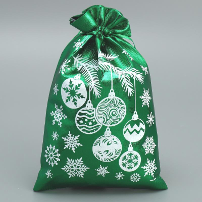 Мешок подарочный новогодний 16х24см парча 'Игрушки' зеленый