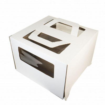 Коробка для торта 24х24х20см с окнами белая с ручками