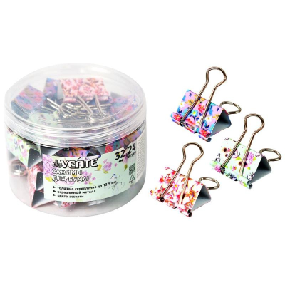 Зажимы для бумаг 32мм 24шт deVENTE цветные 'Flowers' 3 дизайна в пластиковой банке