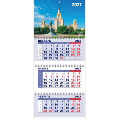 Календарь настенный 2027 квартальный 3-блочный 29х65см Lamark 'Москва. МГУ им. М.В. Ломоносова' на гребне