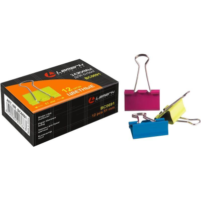Зажимы для бумаг 51мм 12шт Lamark цветные в картонной коробке