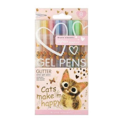 Ручки гелевые BrunoVisconti®  8цв 1.0мм 'UniWrite' Glitter 'Милый котик' в пластиковой коробке