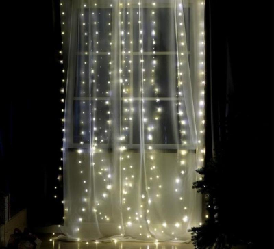 Световой занавес 2.8х3.0м 300 белых LED огней серебристый провод 8 режимов мигания