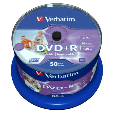 Диск DVD+R 4.7Gb 16X Verbatim Azo Printable  50шт Cake box