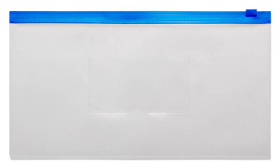 Папка-конверт на молнии DL 26х14см Бюрократ с карманом для визитки пластиковая 150мк прозрачная синяя молния