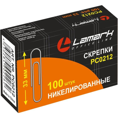 Скрепки 33мм&nbsp;&nbsp;100шт Lamark никелированные в картонной коробке