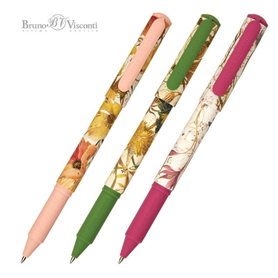 Ручка шариковая BrunoVisconti® 0.7мм 'DreamWrite' 3 дизайна 'Flora' 'Bright&nbsp;&nbsp;flowers' синяя в тубе