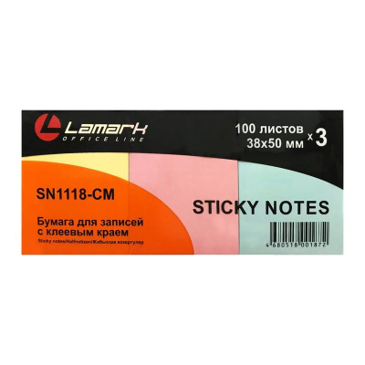Липкий блок&nbsp;&nbsp;50х 38мм Lamark&nbsp;&nbsp;3цв х100л Пастель