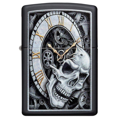 Зажигалка бензиновая Zippo Classic 'Skull Clock Design' с покрытием 'Black Matte' черная