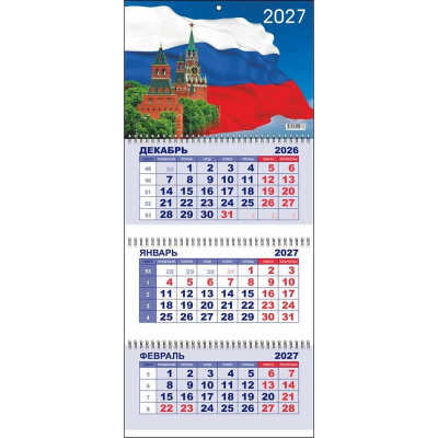 Календарь настенный 2027 квартальный 3-блочный 29х65см Lamark 'Россия. Кремль' на гребне