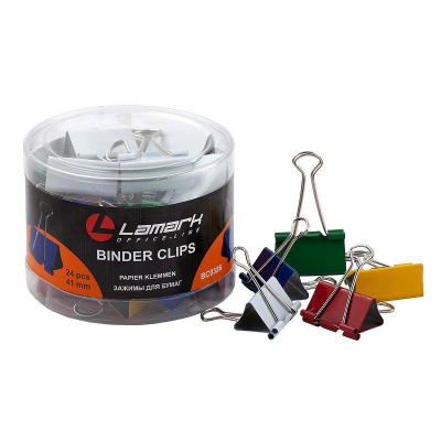 Зажимы для бумаг 41мм 24шт Lamark цветные в пластиковой банке