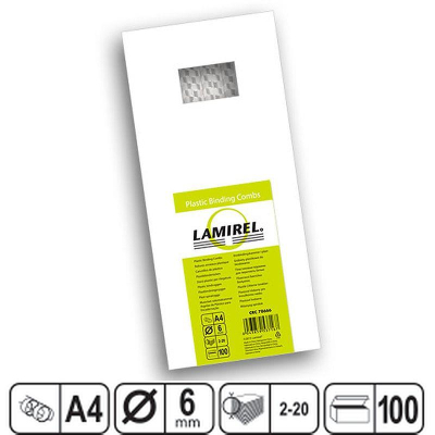 Пружина пластиковая Lamirel&nbsp;&nbsp;6мм&nbsp;&nbsp;2-20 листов белая&nbsp;&nbsp;100шт