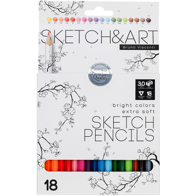 Карандаши художественные BrunoVisconti® 'Sketch&Art' трехгранный корпус&nbsp;&nbsp;18цв в картонной коробке-подставке
