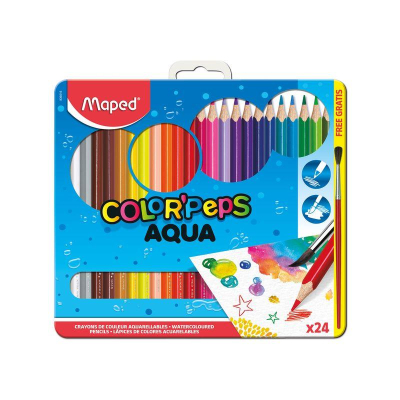 Карандаши акварельные  24цв Maped Color'Peps 'Aqua' +кисть трехгранные в металлической коробке