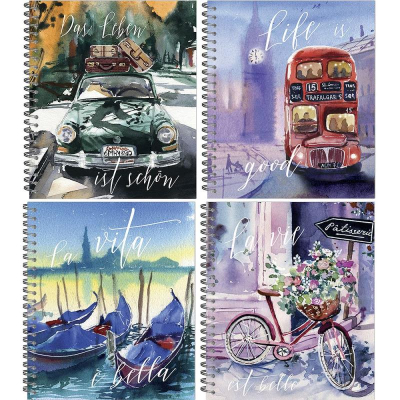 Тетрадь A5  96л клетка на гребне Полином картонная матовая обложка Soft touch выборочный УФ-лак 'Акварельный винтаж' 4 дизайна