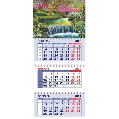 Календарь настенный 2024 квартальный 3-блочный 29х65см Lamark 'Водопад' на гребне