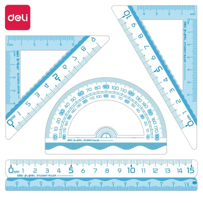 Чертежный набор Deli 'Pupal' линейка 15см угольники 30°/6см 45°/4см транспортир 180° голубой