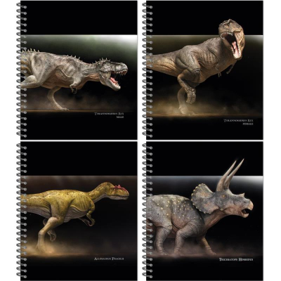 Тетрадь A5  96л клетка на гребне Полином картонная обложка сплошной УФ-лак 'Динозавры' 4 дизайна