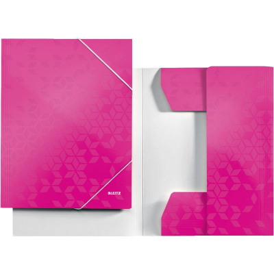 Папка с 2-я резиновыми застежками картонная A4 до 250л с 3 клапанами Leitz глянцевая WOW розовая