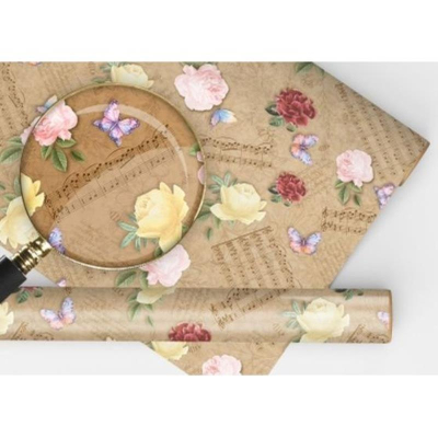 Бумага упаковочная  67.4х97.4см крафт 'Бабочки и розы'