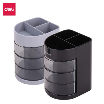 Подставка для принадлежностей Deli&nbsp;&nbsp;3 отделения&nbsp;&nbsp;8x10х8см с 3 поворотными ящичками ассорти серая/черная