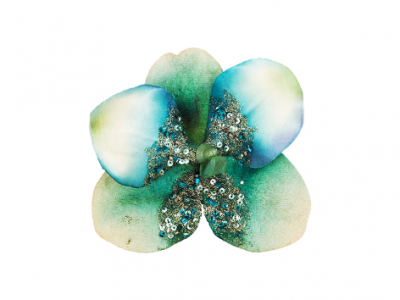 Цветок на прищепке 14см Орхидея Модный бархат кремово-бирюзовая с бисером