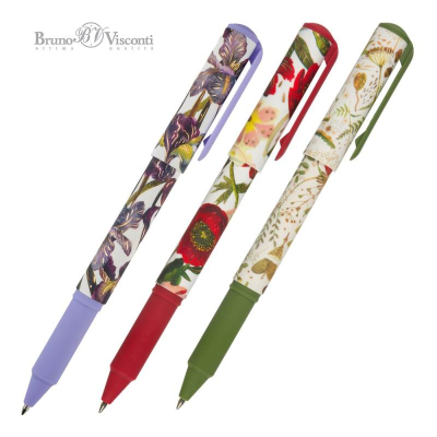 Ручка шариковая BrunoVisconti® 0.7мм 'DreamWrite' 3 дизайна 'Flora' 'Bloom flowers' синяя в тубе