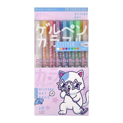 Ручки гелевые BrunoVisconti®  8цв 1.0мм 'UniWrite' Glitter 'Kawaii animals' в пластиковой коробке