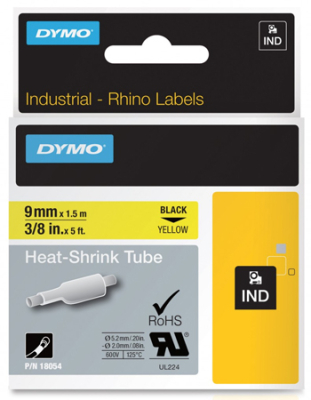 Картридж ленточный Dymo® Rhino  9мм х1.5м термоусадочная трубка черный шрифт/желтый фон S0718290