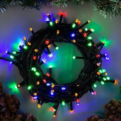 Электрогирлянда 10.0м Нить 100 разноцветных LED ламп зеленый провод 8 режимов мигания