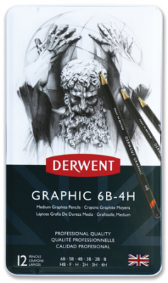 Карандаши чернографитные Derwent Graphic Medium 12шт 6B-4H в металлической коробке