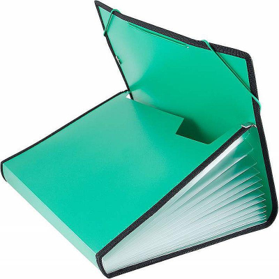 Папка A4&nbsp;&nbsp;13 отделений Бюрократ на резиновых застежках с окантовкой пластиковая зеленая