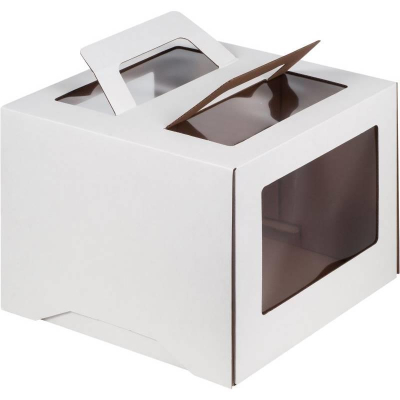 Коробка для торта 24х24х20см с окнами белая с ручками