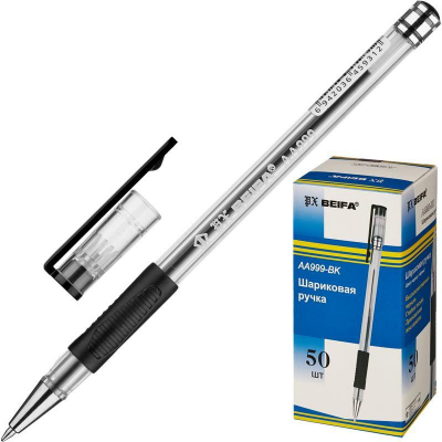 Ручка шариковая Beifa 0.7мм с резиновой манжетой черная
