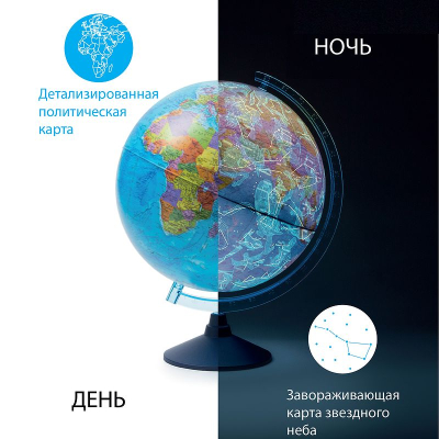 Глобус День-Ночь настольный Globen  25см политическая карта/карта звездного неба Интерактивный с подсветкой на батарейках