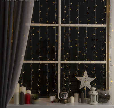 Световой занавес 2х1.5м 360 желтых LED огней прозрачный провод 8 режимов мигания