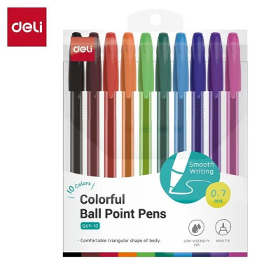 Ручки шариковые Deli 10цв 0.7мм игольчатый стержень трехгранный корпус в блистере