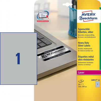 Этикетки самоклеящиеся металлизированные Avery-Zweckform  1шт/A4 210х297мм Laser серебристые 20л