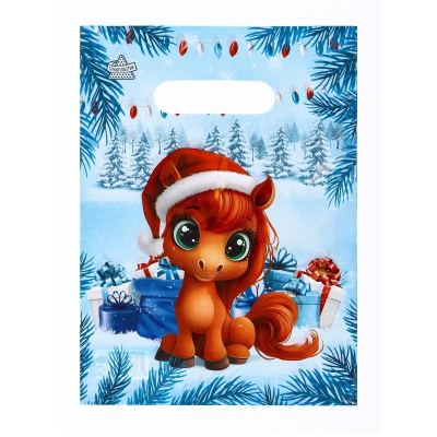 Пакет подарочный новогодний 19х25см полиэтиленовый с вырубной ручкой 'Поняшка'