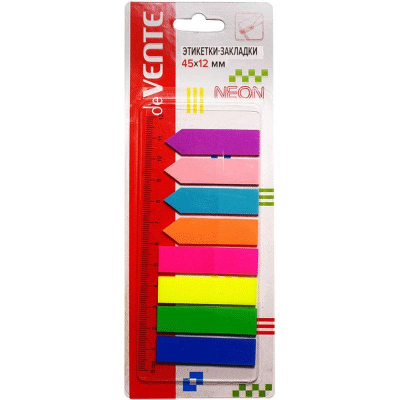 Закладки deVENTE 12х45мм&nbsp;&nbsp;8цв х25шт 4 x25 стрелки +4 х25 прямоугольные полупрозрачные неоновые пластиковые