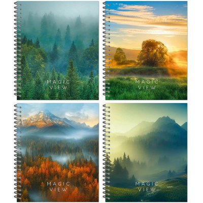 Тетрадь A5  96л клетка на гребне Полином картонная обложка выборочный УФ-лак 'Красивые пейзажи' 4 дизайна